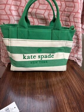 kate spade Green and White Striped Canvas Tote